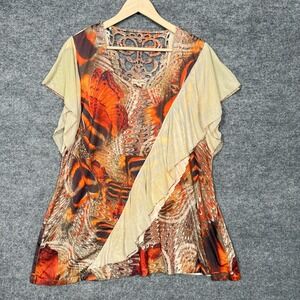 Live And Let Live Plus Size 1X Tunic Blouse Orange Butterfly Liquid Knit Sheer